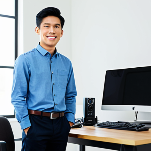 Home 6 A professional young Vietnamese male content creator, wearing a smart casual button-up shirt and modest dark trousers, stands confidently in a brightly lit modern home studio. Behind him, a professional camera is set up on a tripod, and a computer screen displays video editing software. The background is clean and minimalist, suggesting focus and professionalism. He looks directly at the viewer with a friendly, knowledgeable expression, hands naturally resting on a desk with a microphone. Perfect anatomy, correct proportions, natural pose, well-formed hands, proper finger count, natural body proportions. Fully clothed, appropriate attire, modest clothing, professional dress, safe for work, appropriate content, family-friendly, professional photography, high quality.
