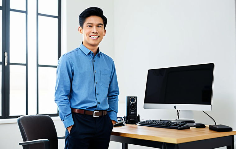 A professional young Vietnamese male content creator, wearing a smart casual button-up shirt and modest dark trousers, stands confidently in a brightly lit modern home studio. Behind him, a professional camera is set up on a tripod, and a computer screen displays video editing software. The background is clean and minimalist, suggesting focus and professionalism. He looks directly at the viewer with a friendly, knowledgeable expression, hands naturally resting on a desk with a microphone. Perfect anatomy, correct proportions, natural pose, well-formed hands, proper finger count, natural body proportions. Fully clothed, appropriate attire, modest clothing, professional dress, safe for work, appropriate content, family-friendly, professional photography, high quality.